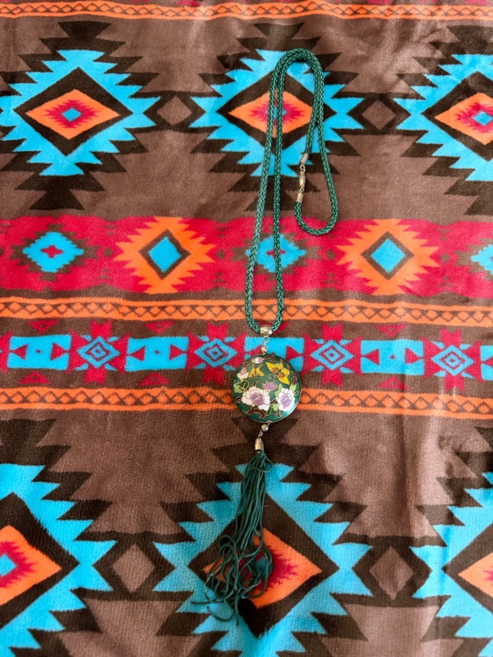 Green Floral Enamel Pendant Necklace with Tassel